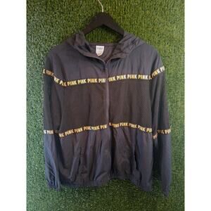 Victoria's Secret PINK Mesh Anorak Windbreaker Jacket Black Gold Full Zip M/L